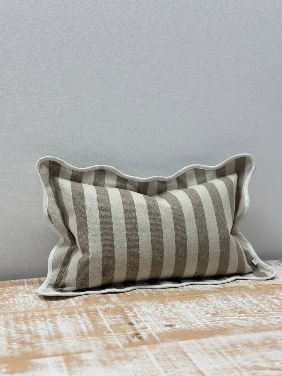 Chloe Greige Stripe Scalloped Edge Cushion Cover 50x30