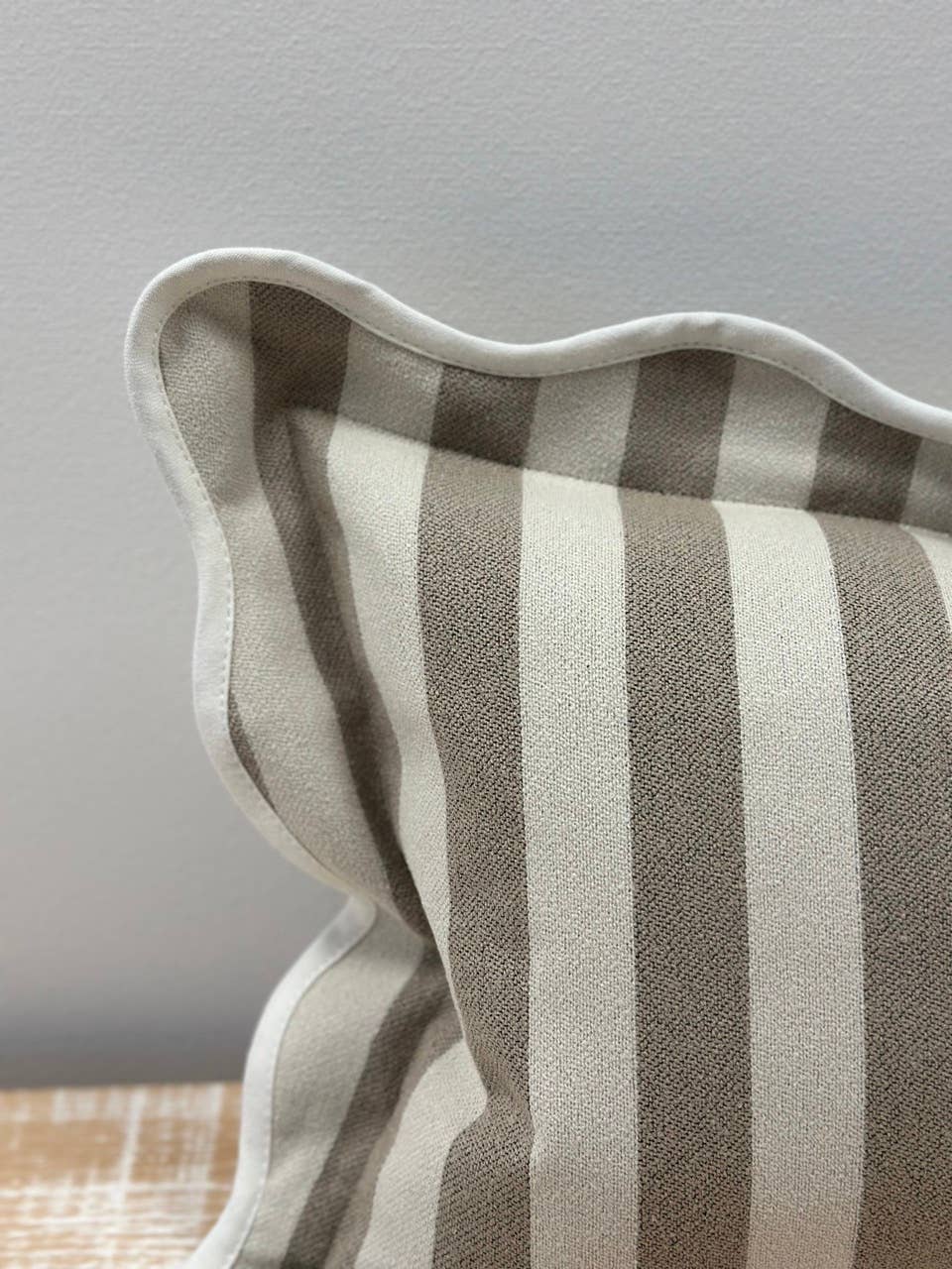Chloe Greige Stripe Scalloped Edge Cushion Cover 50x30