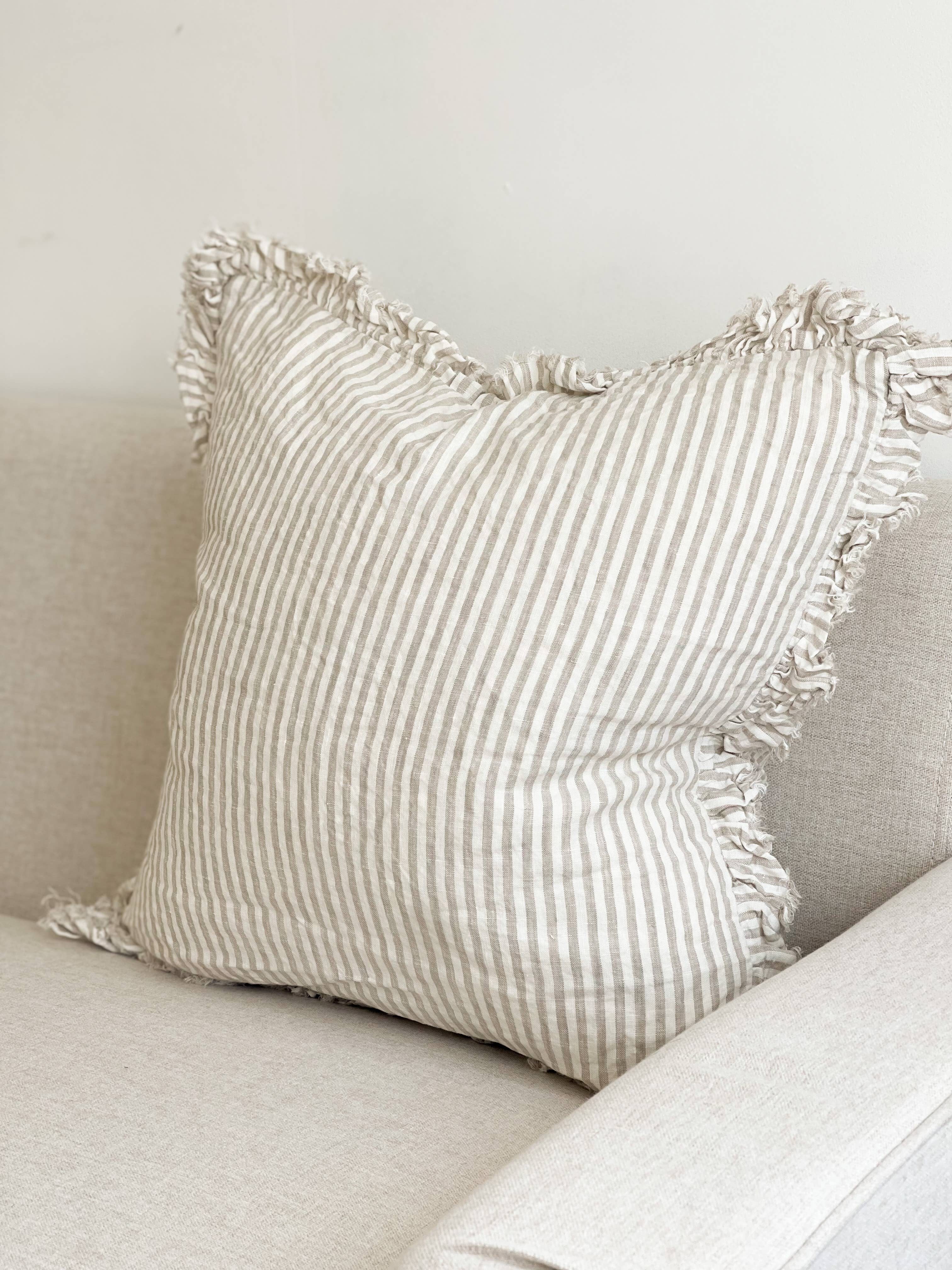 Hallie Ruffled Linen Cushion Cover – Natural Beige Stripe