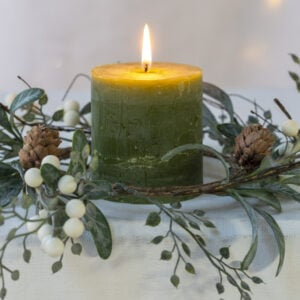 White Berry Candle Ring with Frosted Leaves