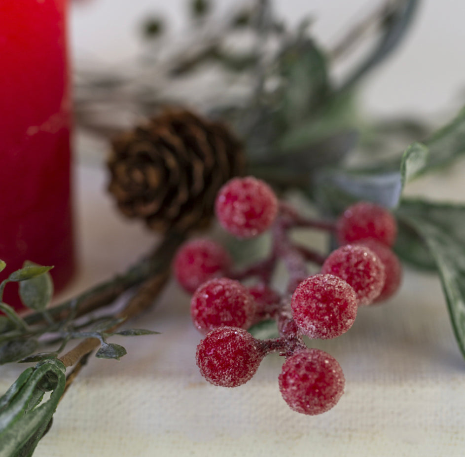 Iced Red Berry Candle Ring with Frosted Leaves