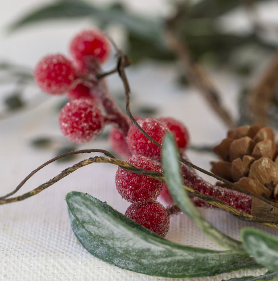 Iced Red Berry Candle Ring with Frosted Leaves