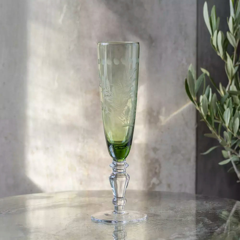 Etched Champagne Flute - Green