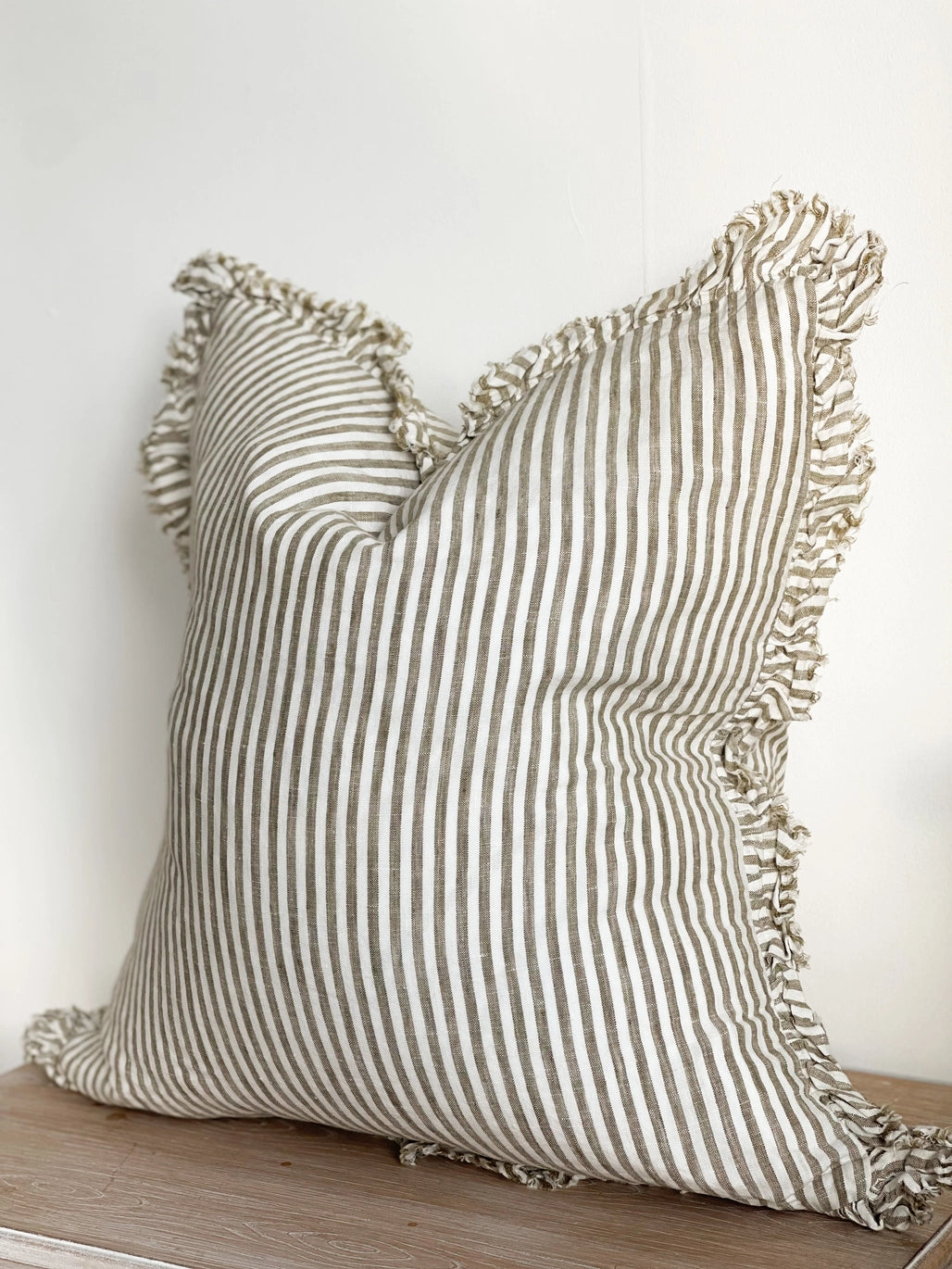 Ruffle Cushion - Olive Stripe Linen