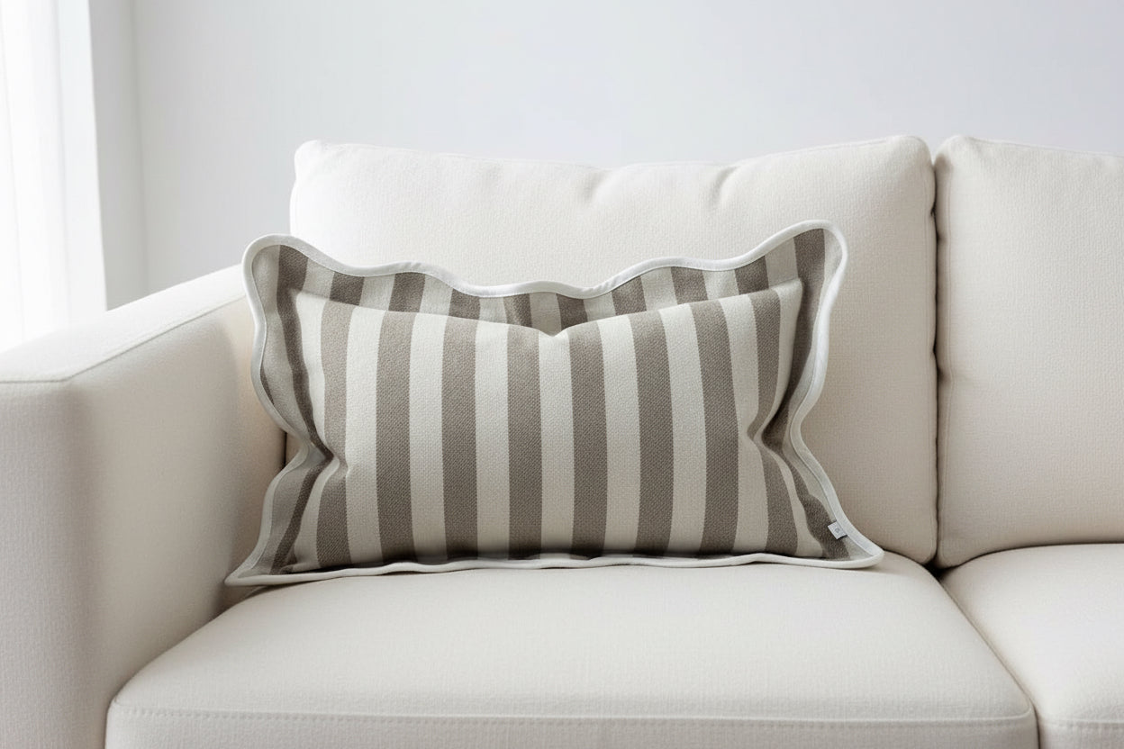 Chloe Greige Stripe Scalloped Edge Cushion Cover 50x30