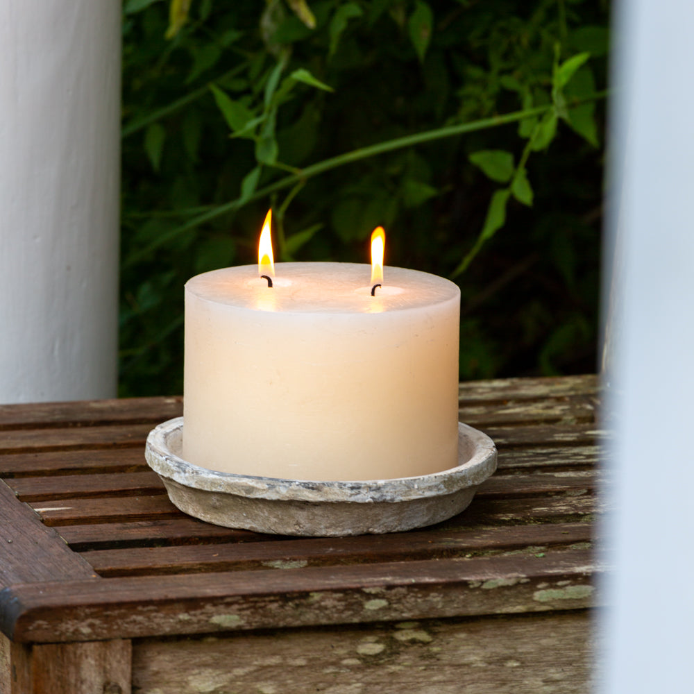 Antique Whitestone Rustic Ivory Pillar Candle & Saucer