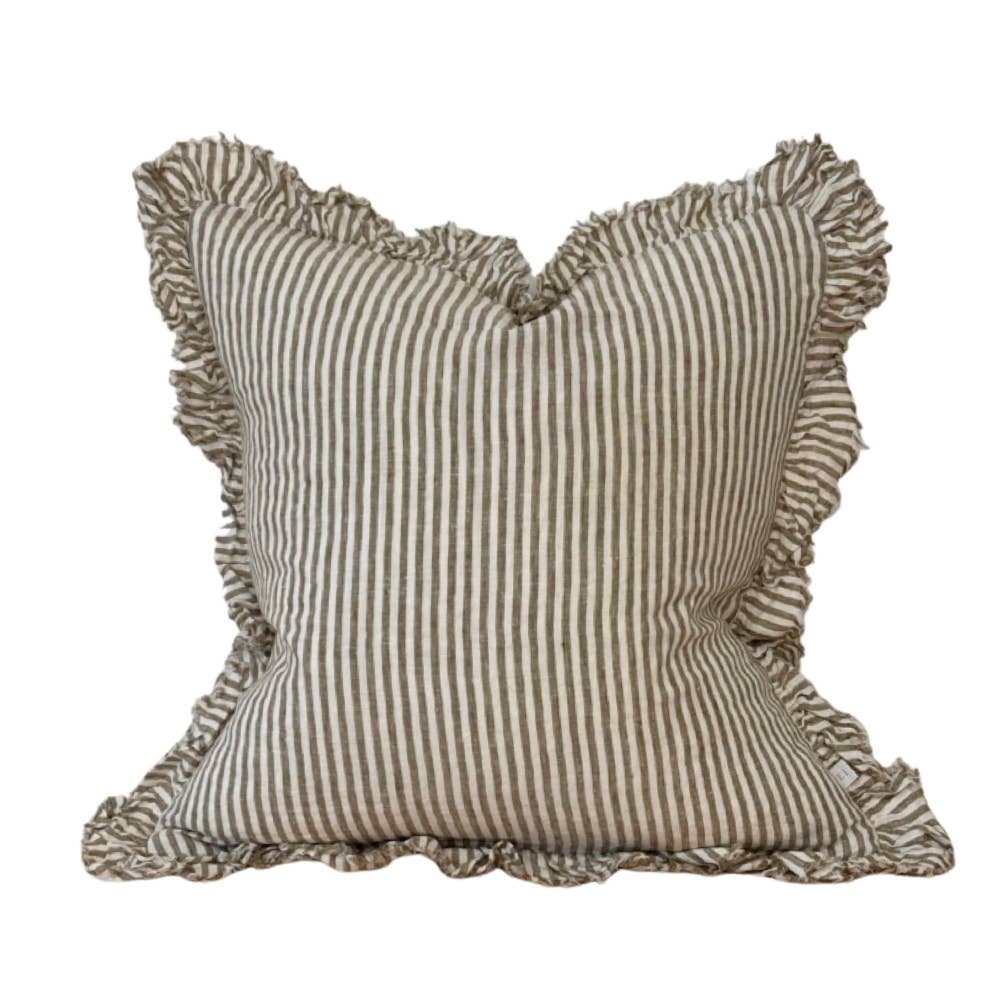 Hallie Ruffled Linen Cushion – Olive Stripe 65x65cm