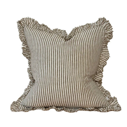 Hallie Ruffled Linen Cushion – Olive Stripe 65x65cm
