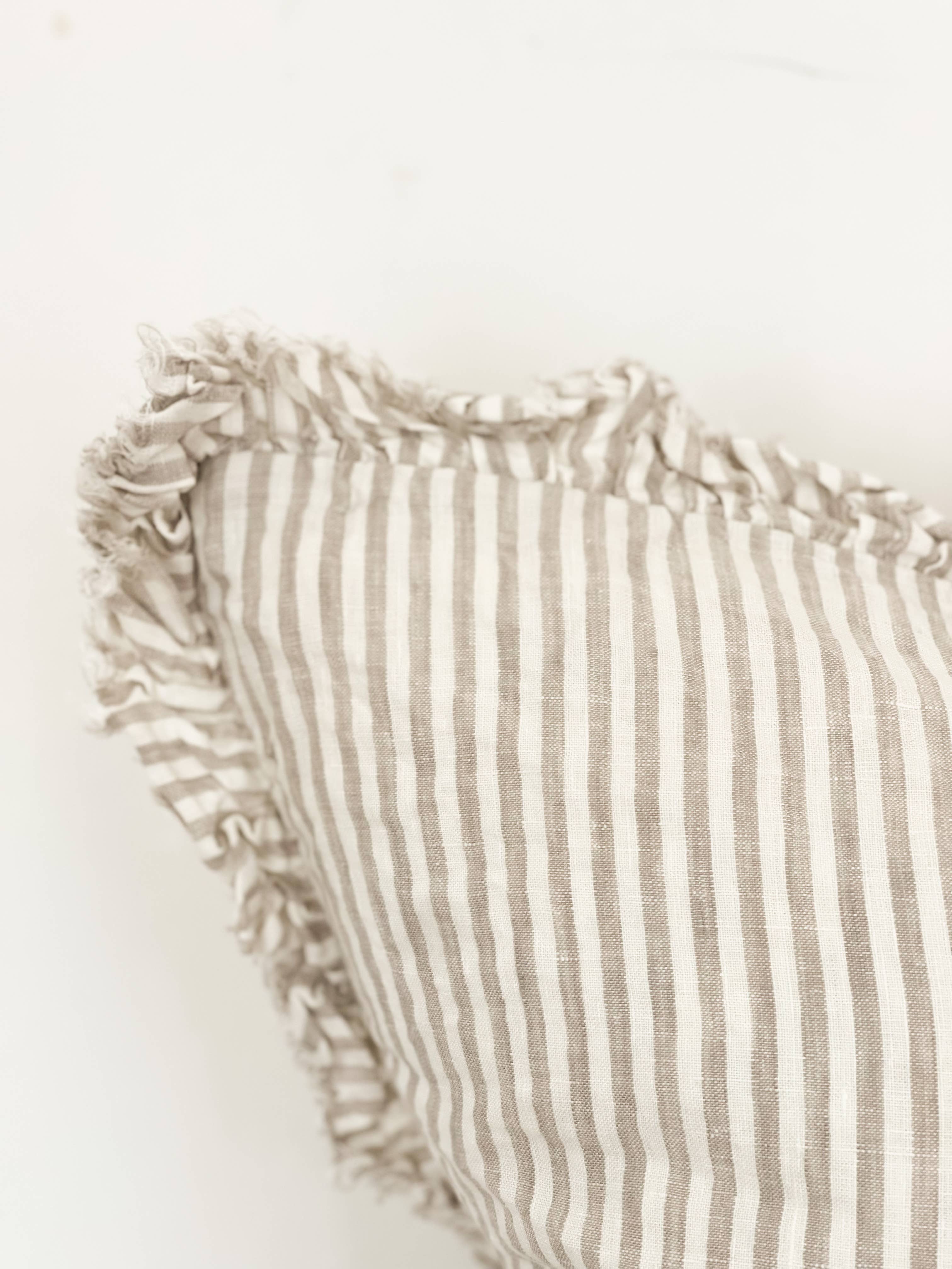 Hallie Ruffled Linen Cushion Cover – Natural Beige Stripe
