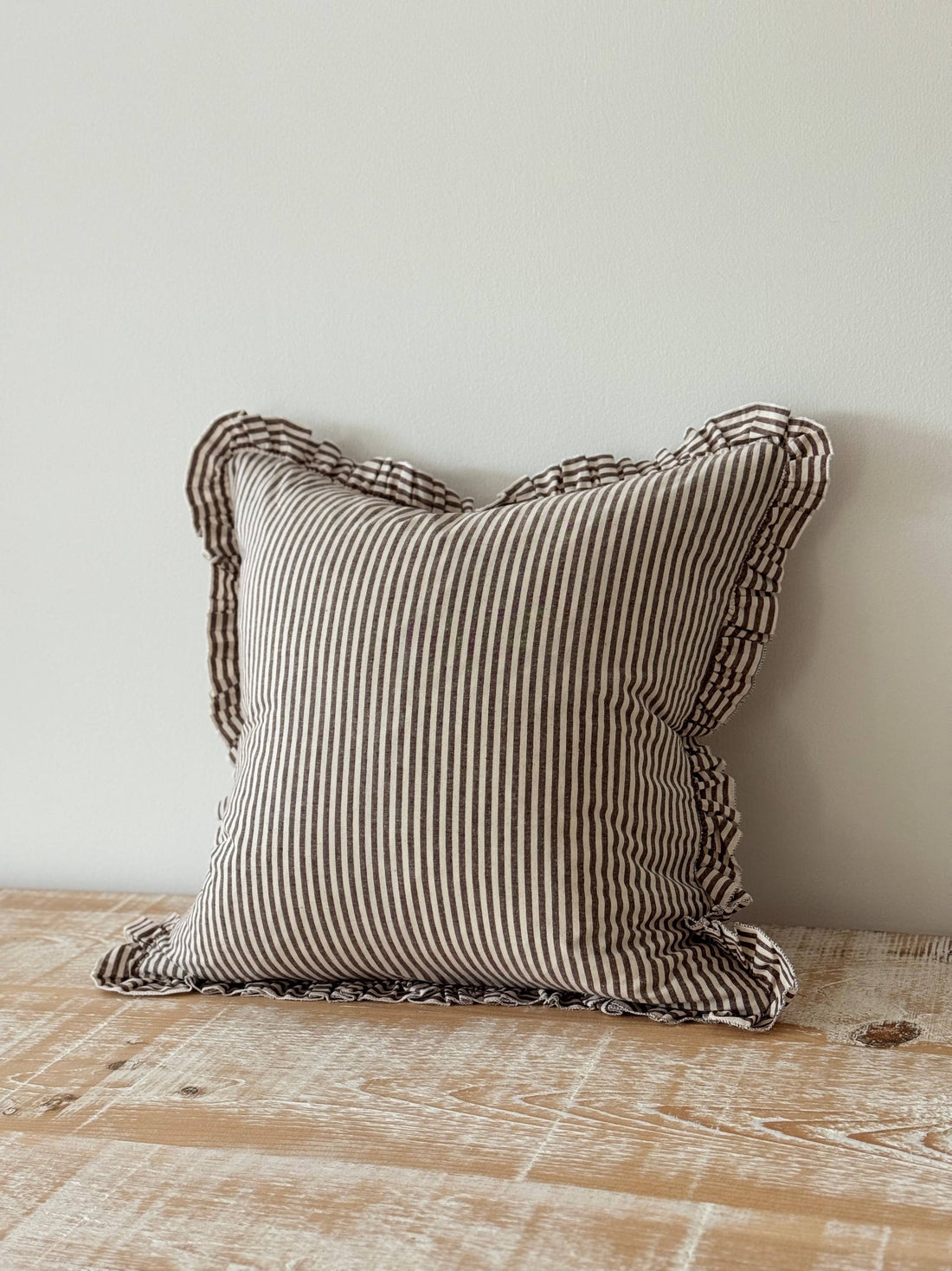 Darcy Ruffle Cotton Cushion Cover 65x65 - Dark Brown Stripe