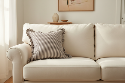 Darcy Ruffle Cotton Cushion Cover 65x65 - Dark Brown Stripe
