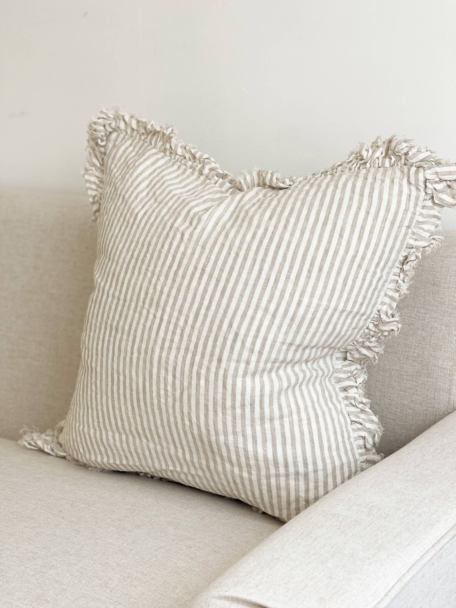 Hallie Ruffled Linen Cushion Cover – Natural Beige Stripe