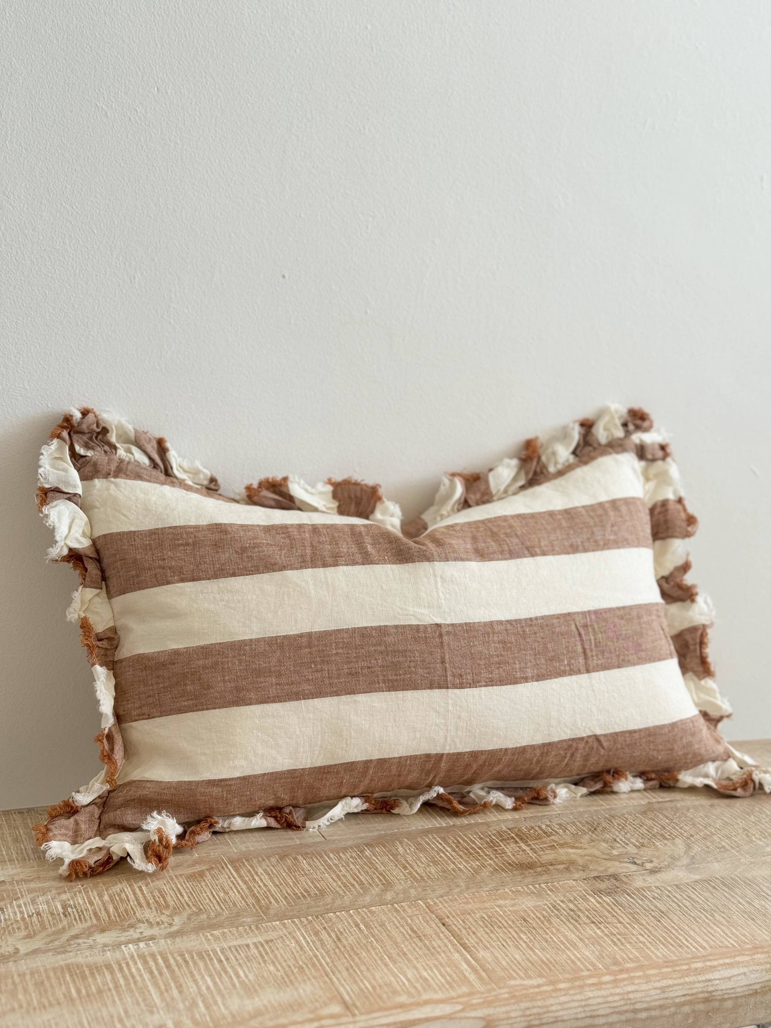 Hallie Ruffled Linen Cushion Cover 50x30 – Rust Wide Stripe