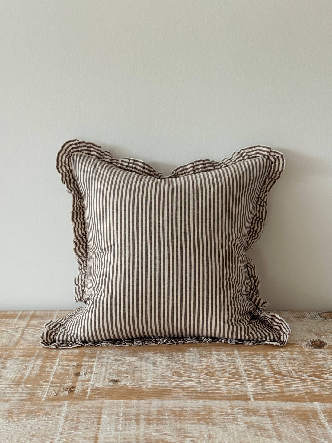 Darcy Ruffle Cotton Cushion Cover 65x65 - Dark Brown Stripe