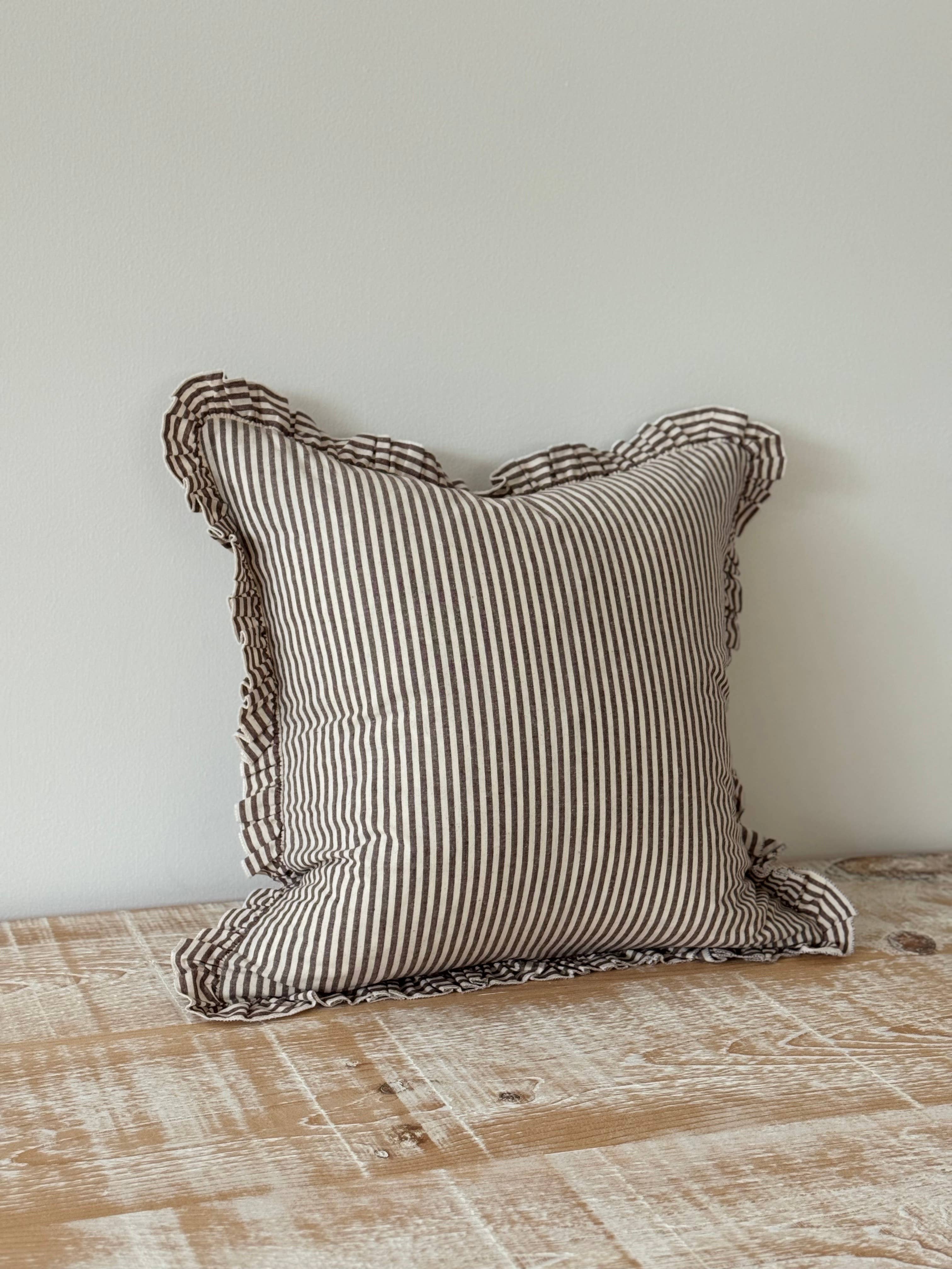 Darcy Ruffle Cotton Cushion Cover 65x65 - Dark Brown Stripe