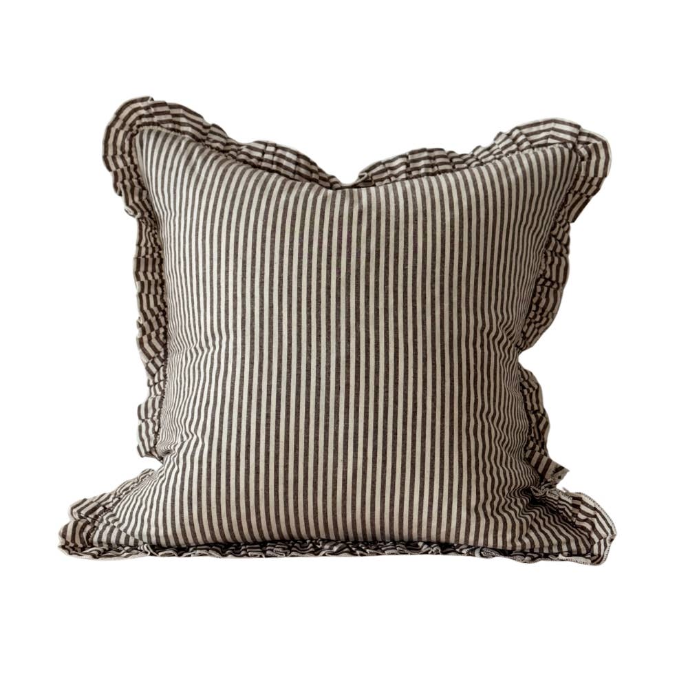 Darcy Ruffle Cotton Cushion Cover 45x45 - Dark Brown Stripe