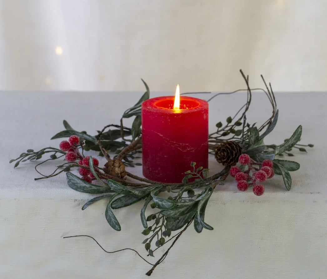 Iced Red Berry Candle Ring with Frosted Leaves