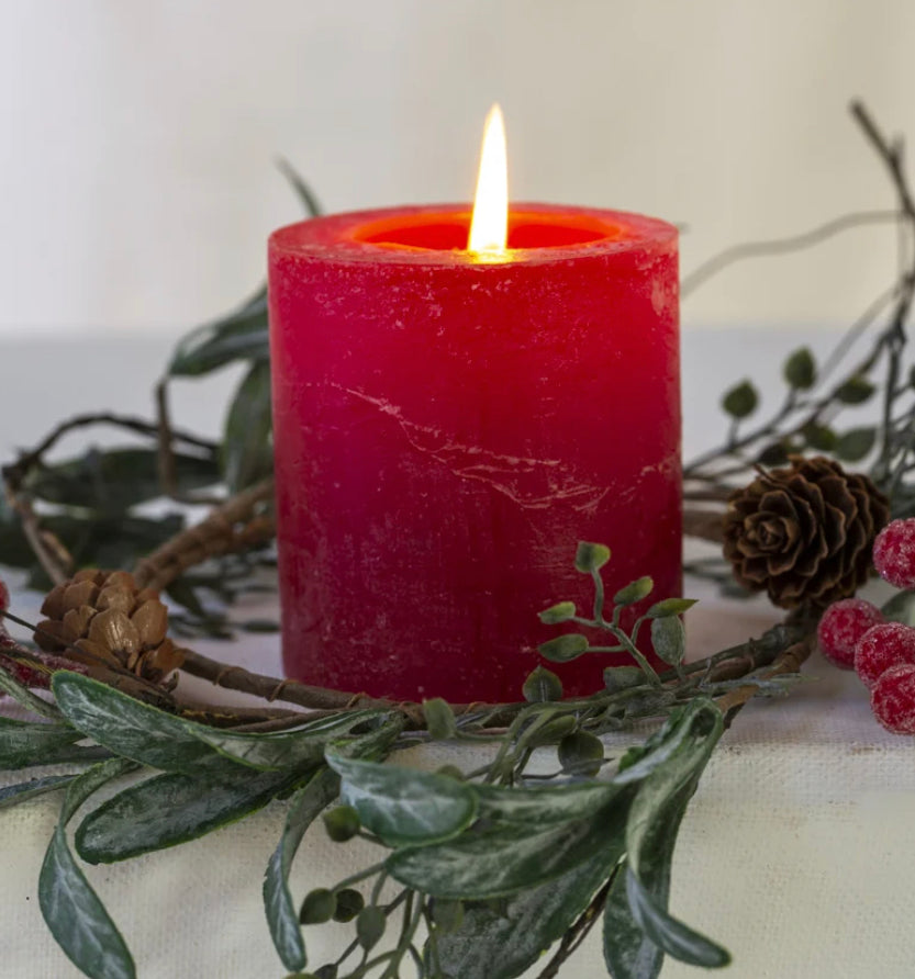 Iced Red Berry Candle Ring with Frosted Leaves