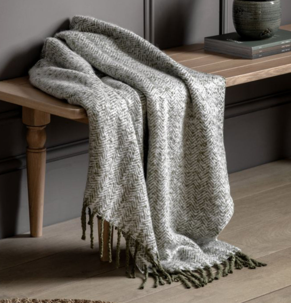 Duncan Herringbone Mohair Throw - Moss