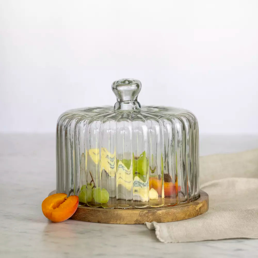 Ribbed Cloche with Wooden Base - Small