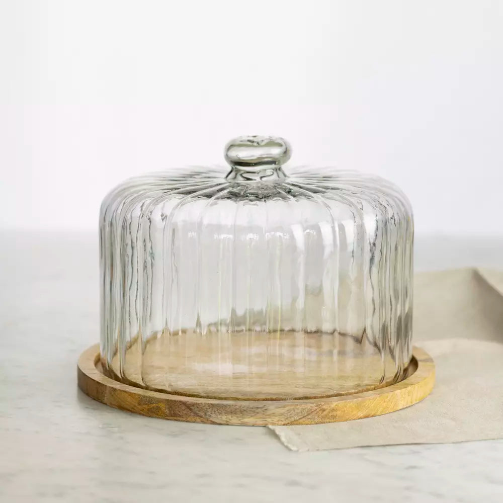 Ribbed Cloche with Wooden Base - Large