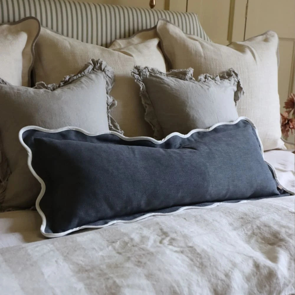 Chloe Navy Scalloped Edge Bolster Cushion Cover 80x30