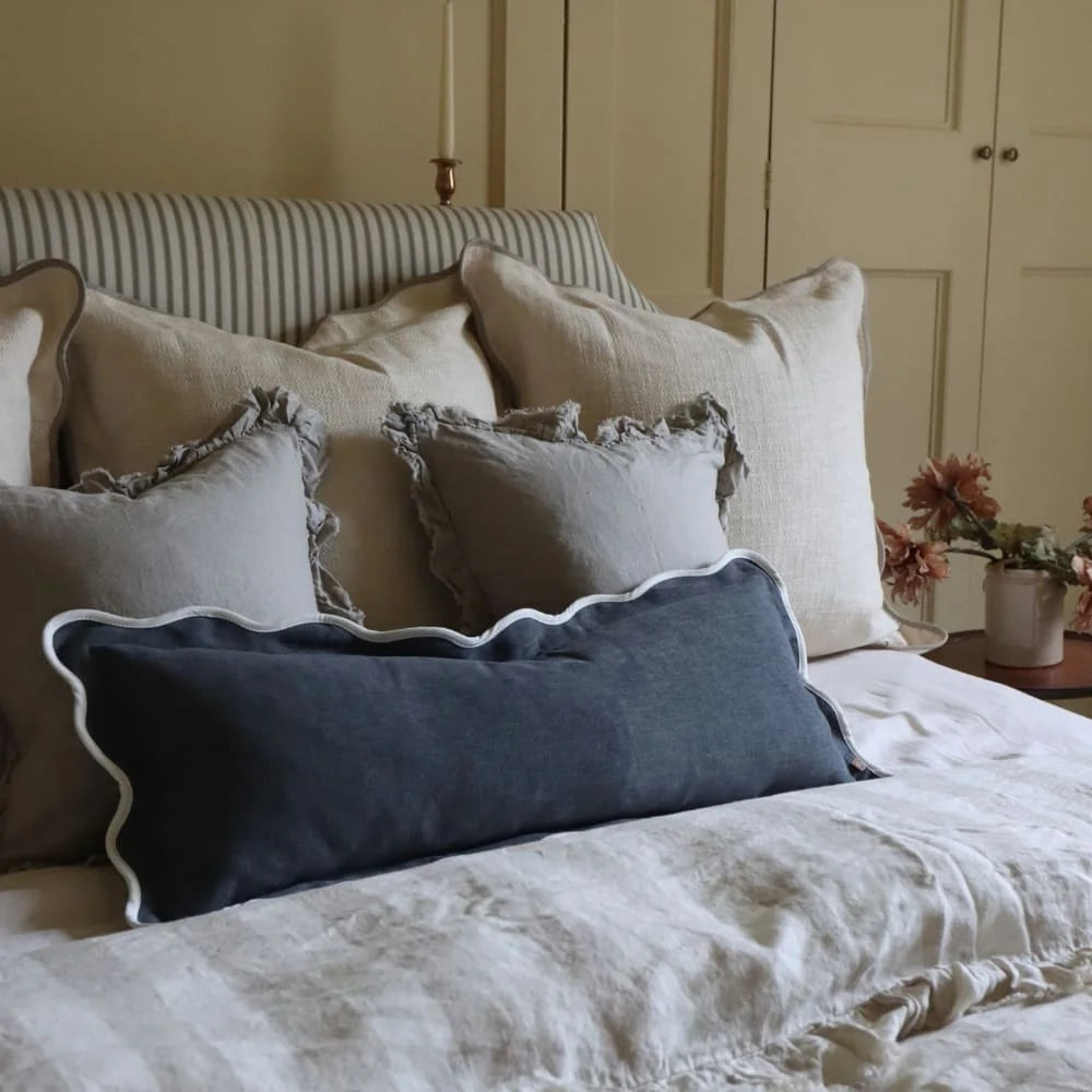 Chloe Navy Scalloped Edge Bolster Cushion Cover 80x30