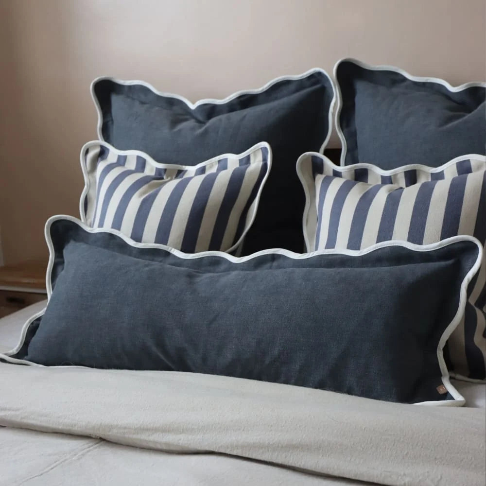 Chloe Navy Scalloped Edge Bolster Cushion Cover 80x30
