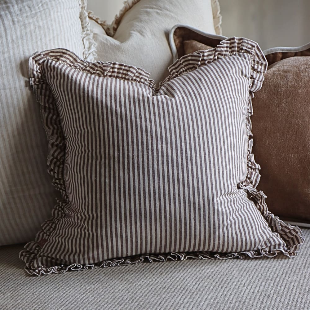 Darcy Ruffle Cotton Cushion Cover 45x45 - Dark Brown Stripe