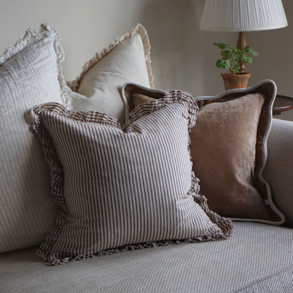 Darcy Ruffle Cotton Cushion Cover 45x45 - Dark Brown Stripe