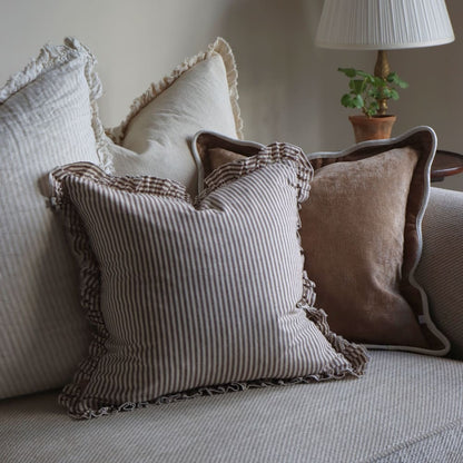 Darcy Ruffle Cotton Cushion Cover 45x45 - Dark Brown Stripe
