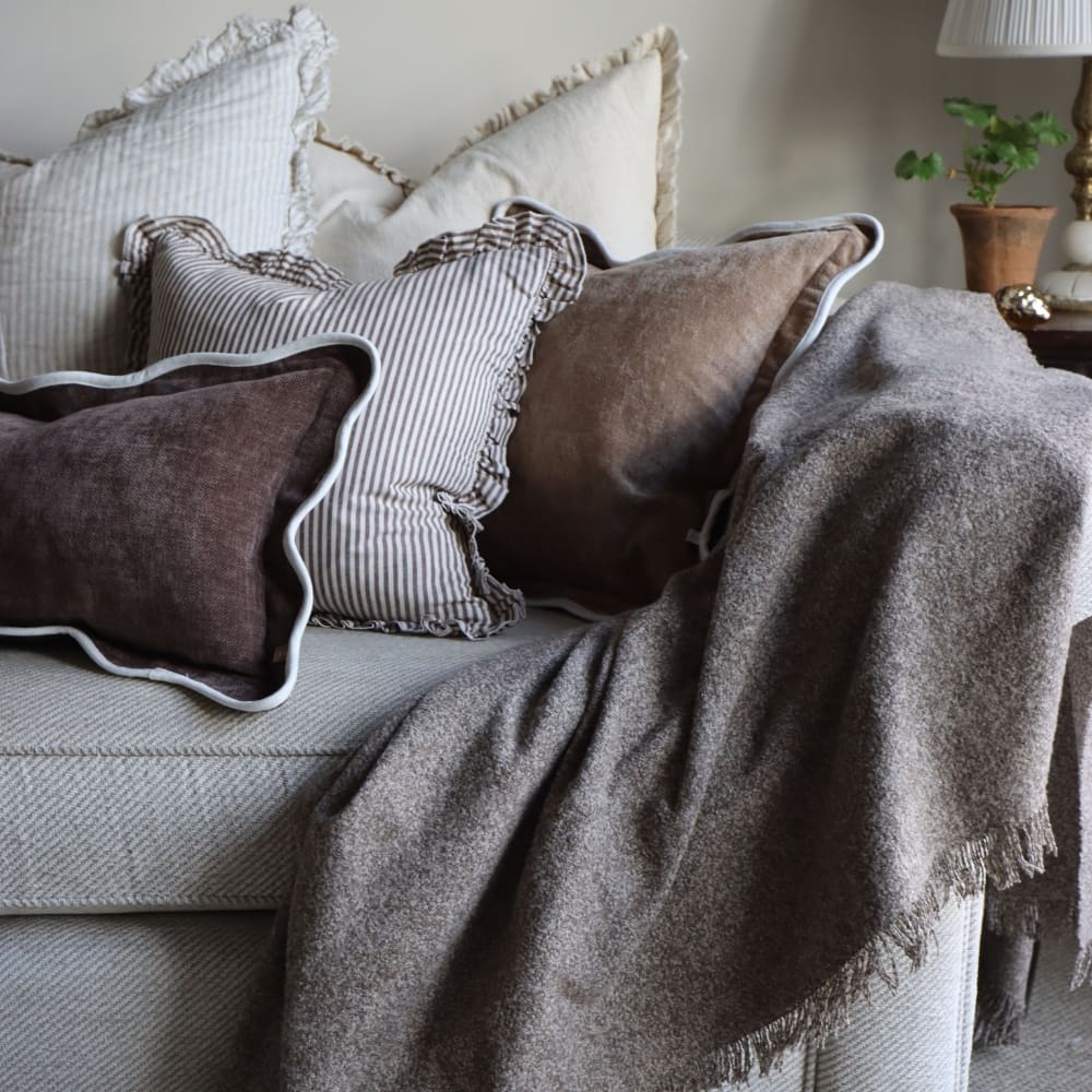 Darcy Ruffle Cotton Cushion Cover 45x45 - Dark Brown Stripe