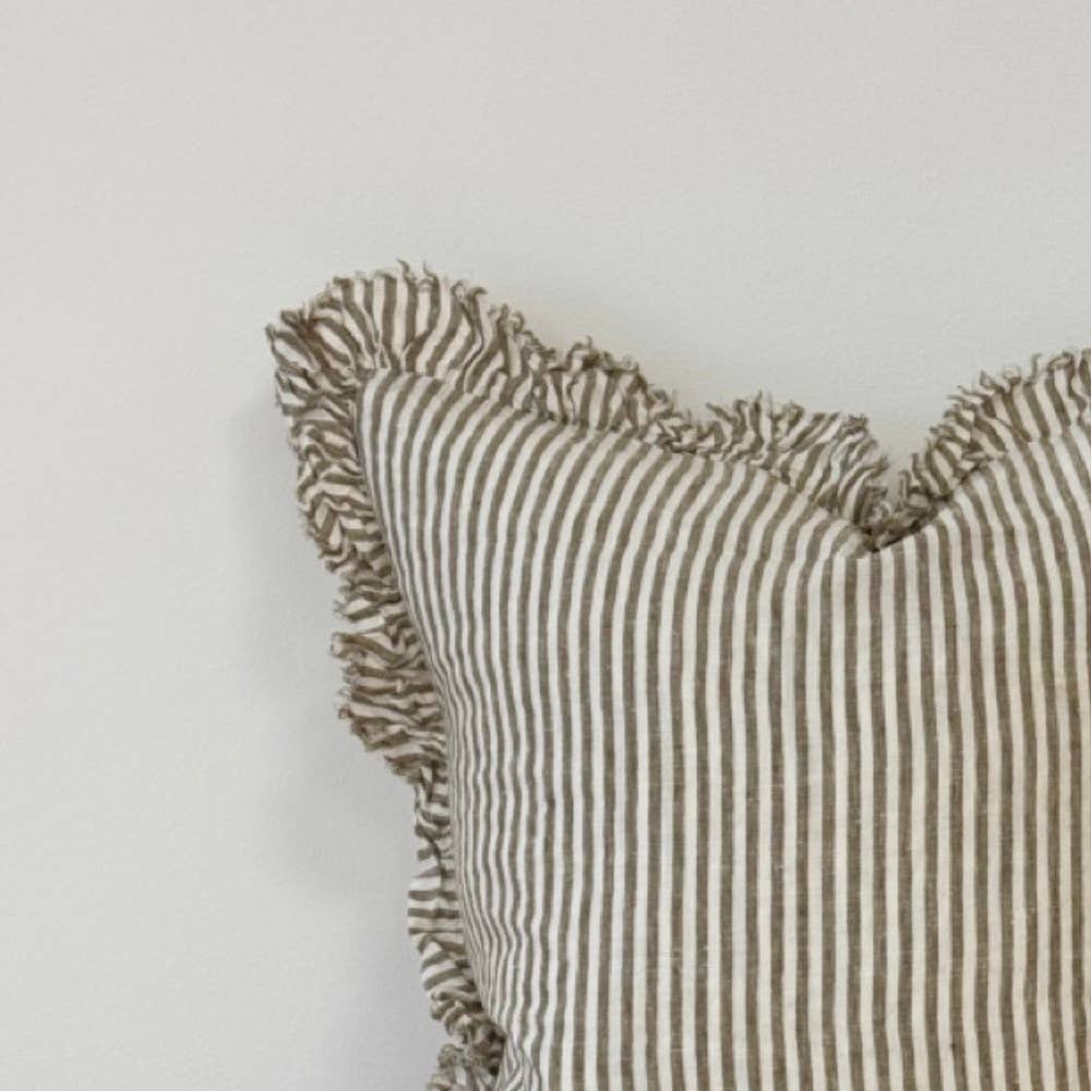 Hallie Ruffled Linen Cushion – Olive Stripe 65x65cm