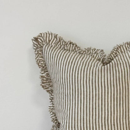 Hallie Ruffled Linen Cushion – Olive Stripe 65x65cm