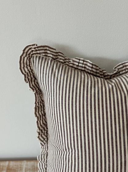 Darcy Ruffle Cotton Cushion Cover 45x45 - Dark Brown Stripe