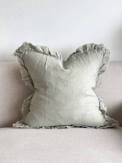 Hallie Ruffled Linen Cushion Cover 53x53cm – Dusty Sage