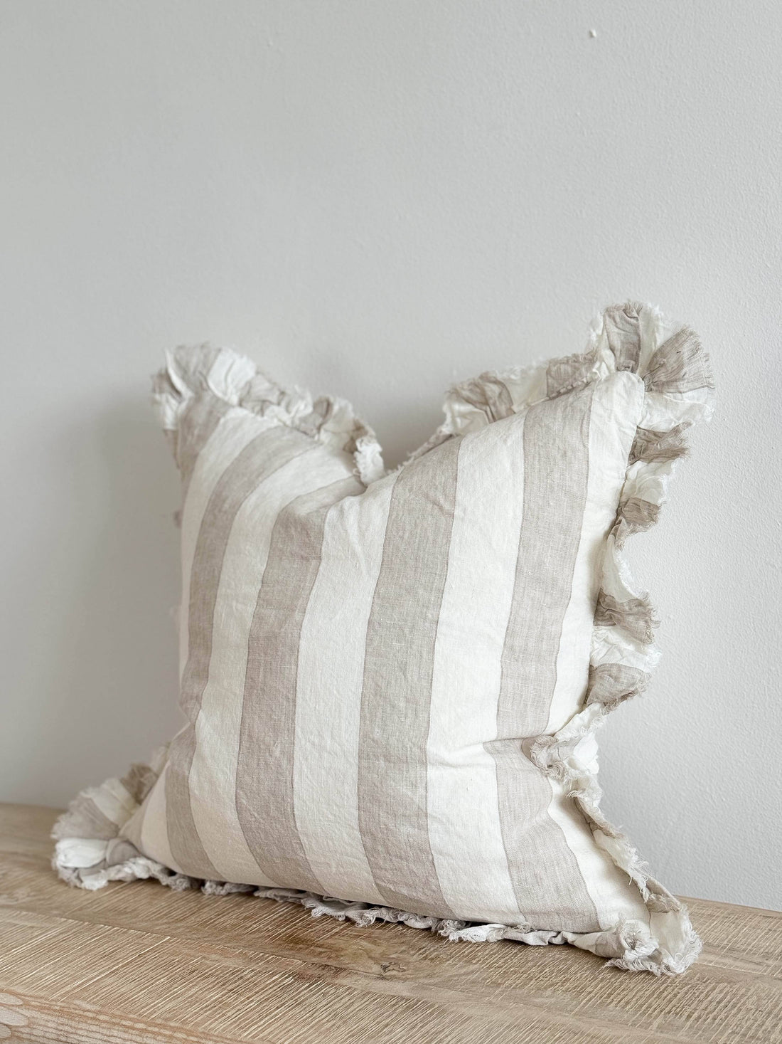 Hallie Ruffled Linen Cushion Cover – Beige &amp; Cream Wide Stripe