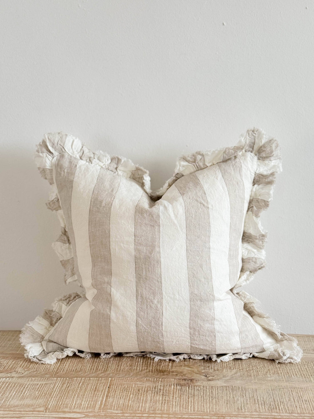 Hallie Ruffled Linen Cushion Cover – Beige &amp; Cream Wide Stripe