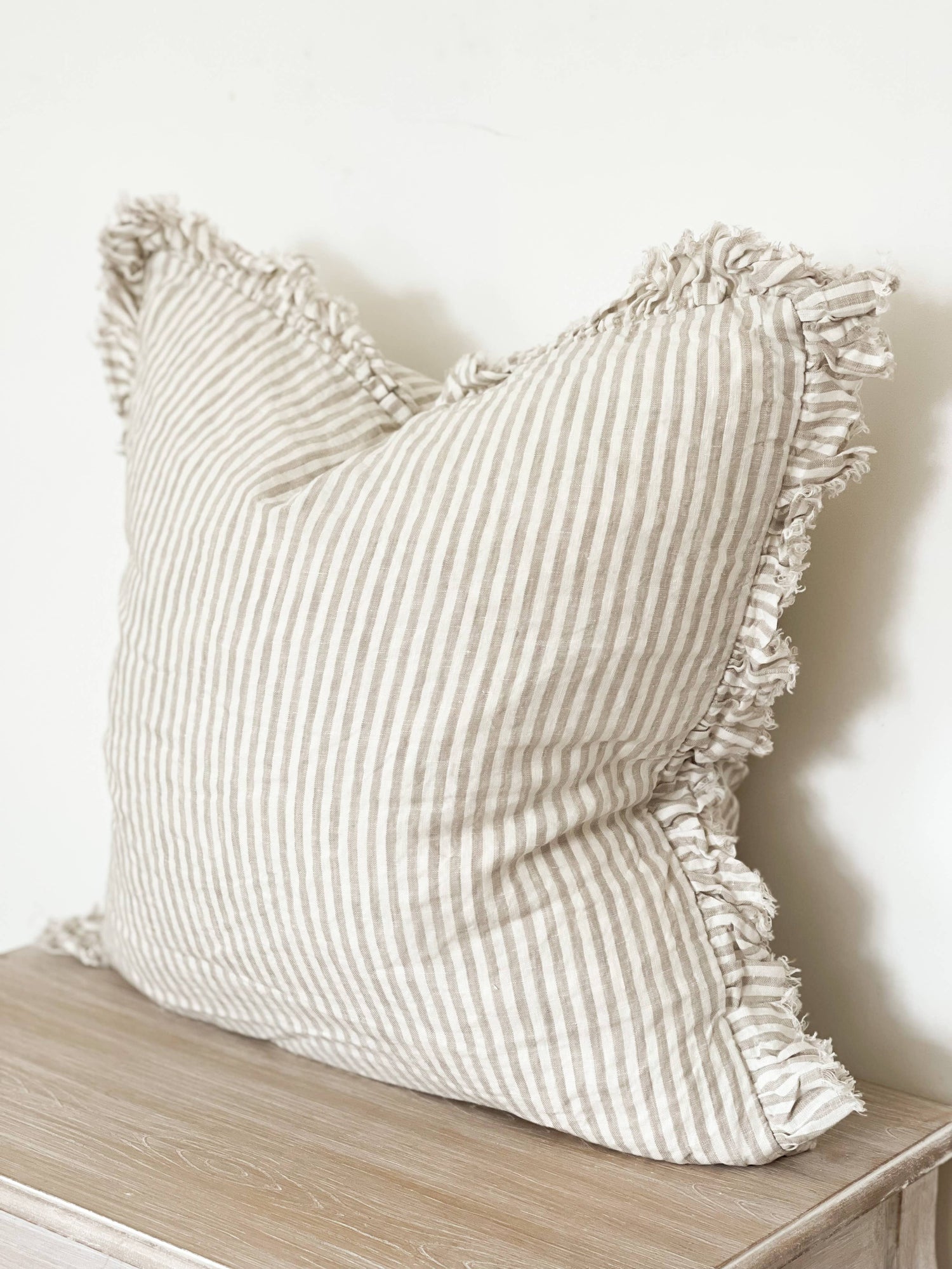 Hallie Ruffled Linen Cushion Cover – Natural Beige Stripe