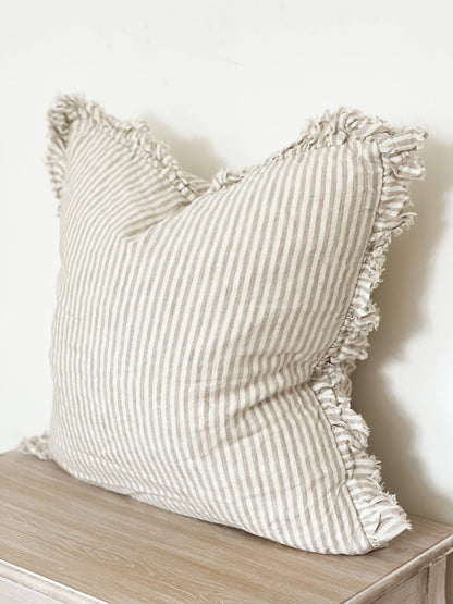 Hallie Ruffled Linen Cushion Cover – Natural Beige Stripe